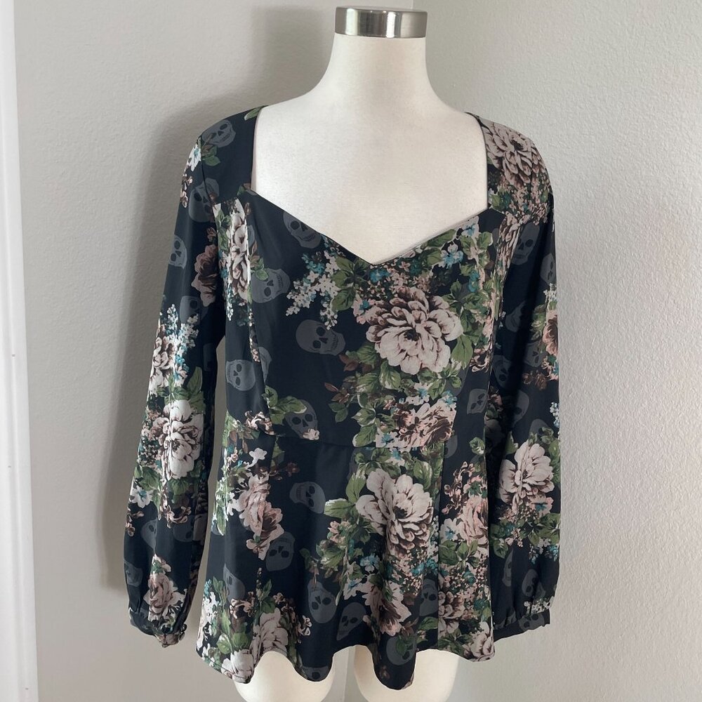 Torrid Womens Plus 1X Floral Skull‎ Sweetheart Neck Peplum Blouse Shirt Top